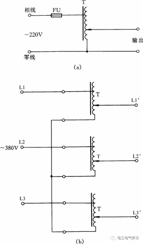 图35 单相,三相自耦调压器的接线