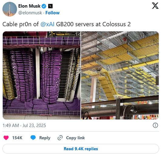 马斯克发布人工智能数据中心Colossus 2内部布线照片 马斯克发布人工智能数据中心Colossus 2内部布线照片